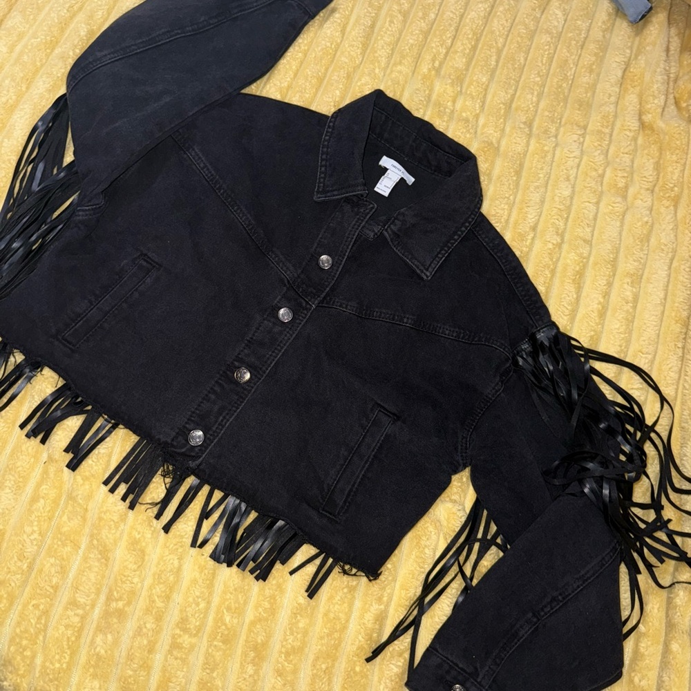 Forever 21 Black Jean Jacket denim faux leather Fringe western boho size Small - Picture 2 of 12